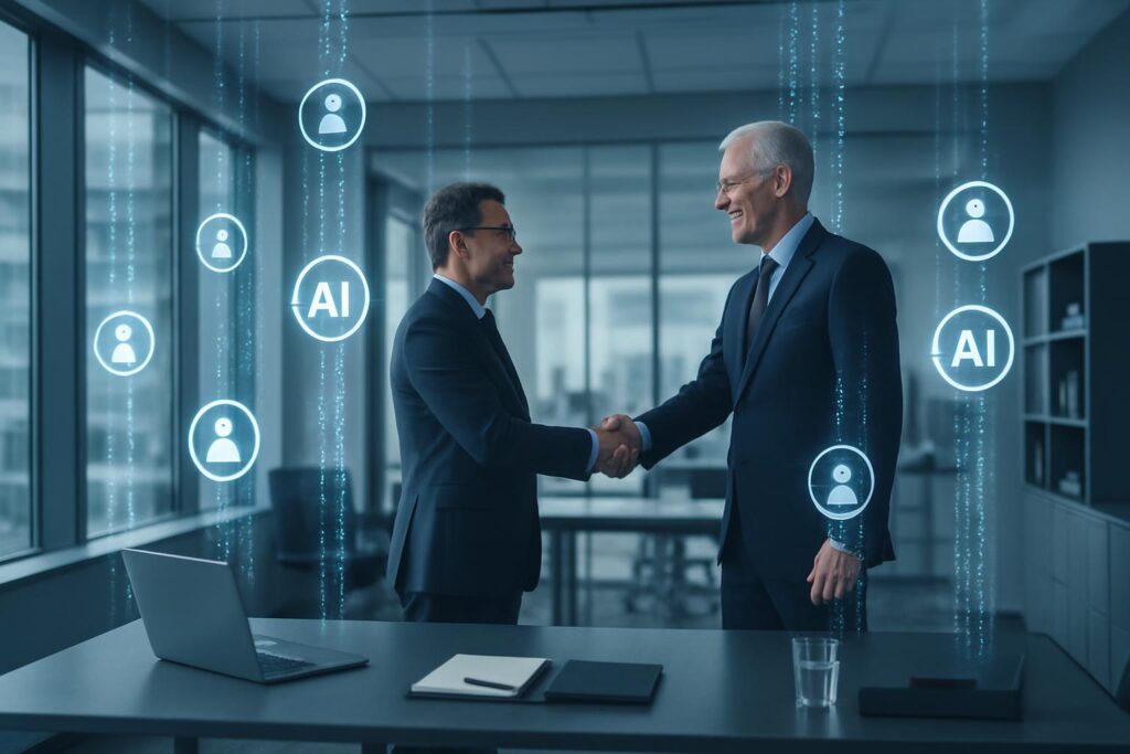 Ejecutivos sellando la adquisición de WNS por Capgemini con iconos de IA generativa en oficina moderna