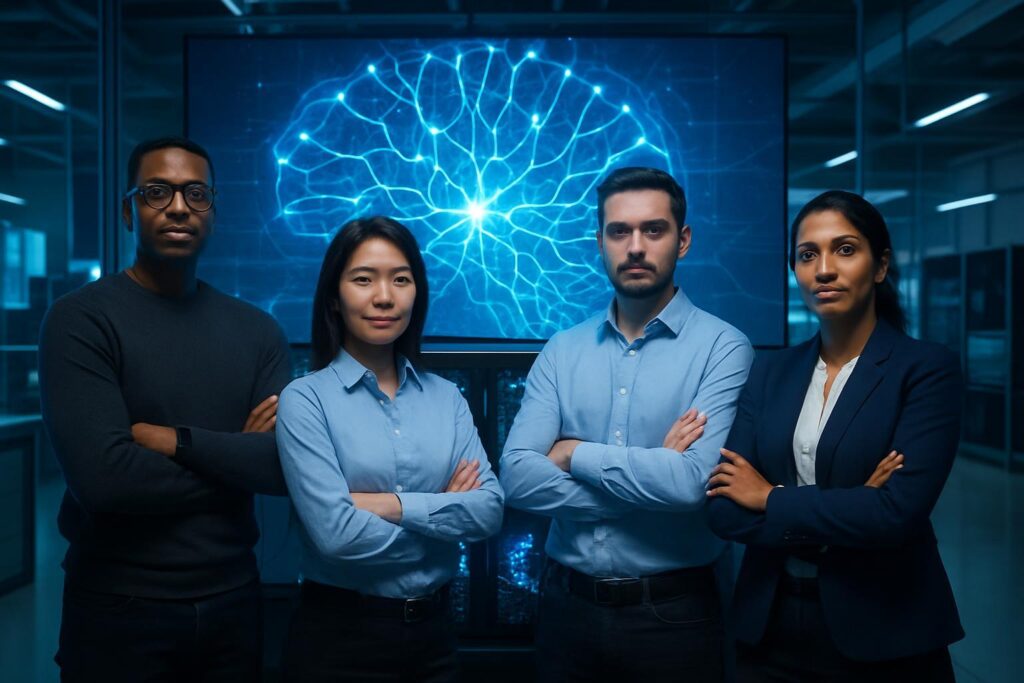 Equipo de ingenieros de IA trabajando frente a supercomputadora con gráficos de redes neuronales