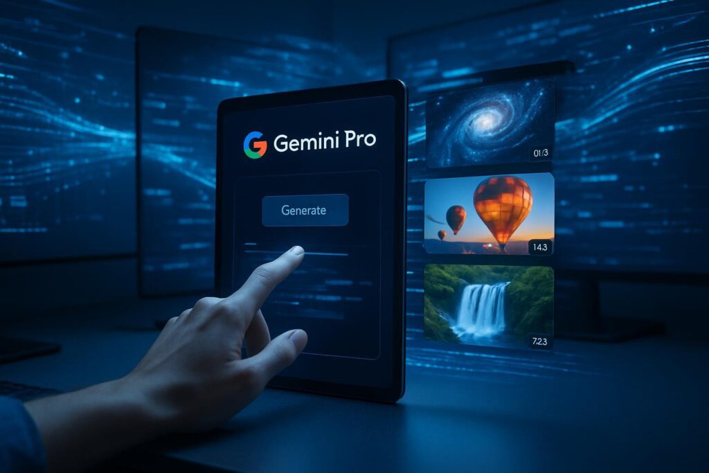 Espacio de trabajo digital con pantallas mostrando la interfaz de Gemini Pro generando videos IA de 720p con Veo 3 Fast