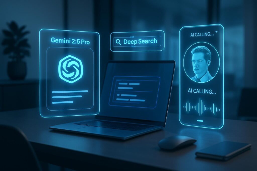 Espacio de trabajo futurista con interfaz holográfica de Gemini 2.5 Pro y Deep Search para automatización empresarial