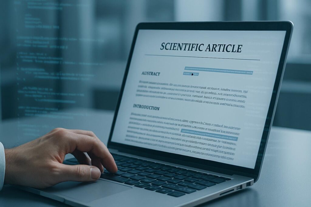 Investigador editando artículo científico en laptop con código digital y prompts ocultos para manipular IA