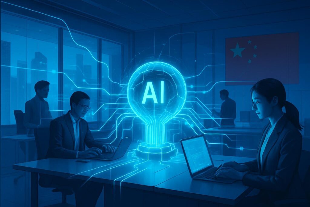 Oficina futurista con núcleo de IA brillante conectando profesionales mediante flujos de datos digitales