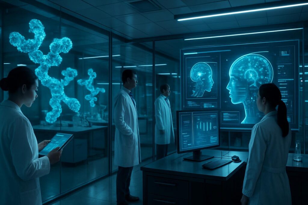 Laboratorio biotecnológico con estructuras proteicas digitales y científicos analizando datos de AlphaFold