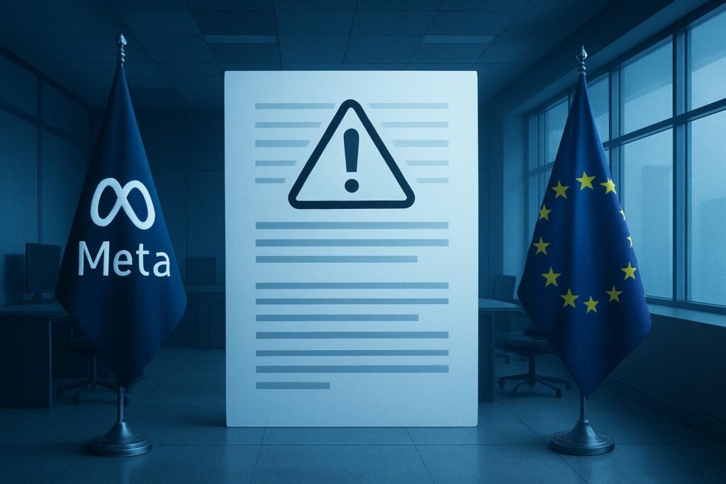 Oficina corporativa con banderas de Meta y UE enfrentadas, documento digital con icono de advertencia al centro
