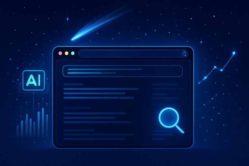 Navegador web moderno con overlays de IA y cometa digital representando innovación en búsqueda