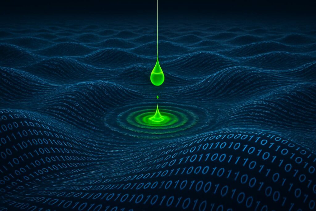 Océano digital con olas binarias donde una gota de datos tóxicos se pierde en la inmensidad