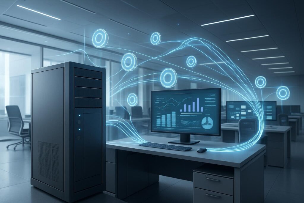 Oficina empresarial futurista con flujos de datos de IA visualizando procesamiento rápido de tokens y servidores modernos