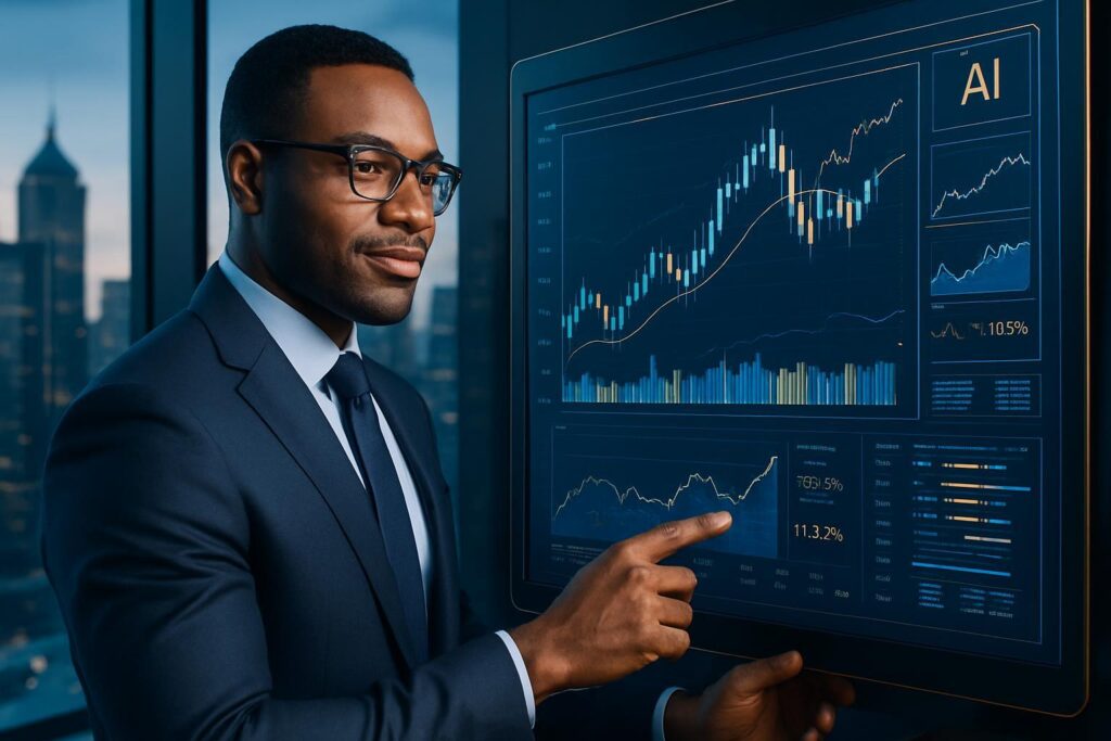 Profesional financiero analizando gráficos digitales complejos mediante interfaz potenciada por IA con skyline urbano al fondo