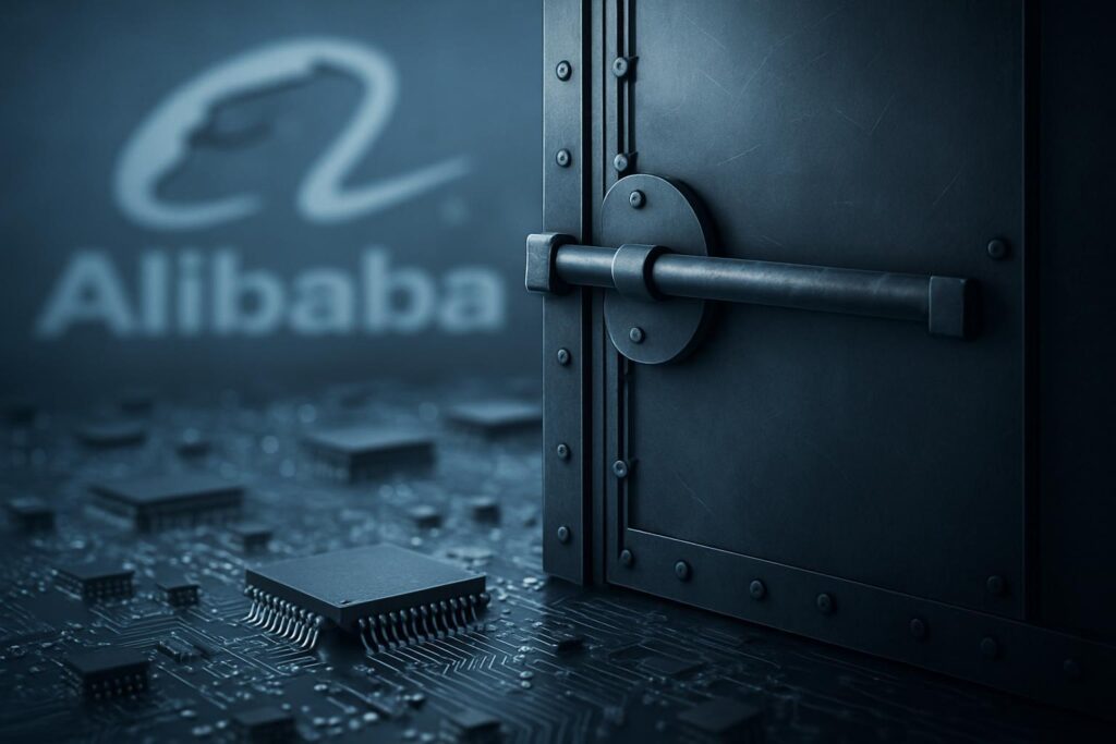 Puerta de acero cerrándose sobre microchips con logo de Alibaba, simbolizando el cierre del código abierto