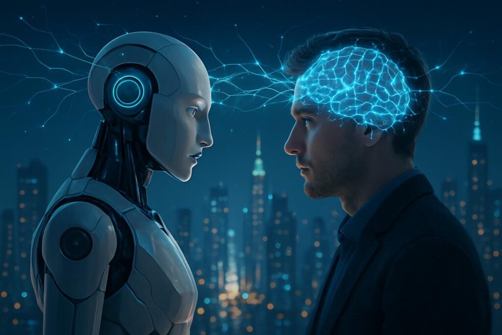 Robot humanoide y persona conectados mediante patrones neurales, con una ciudad futurista iluminada al fondo