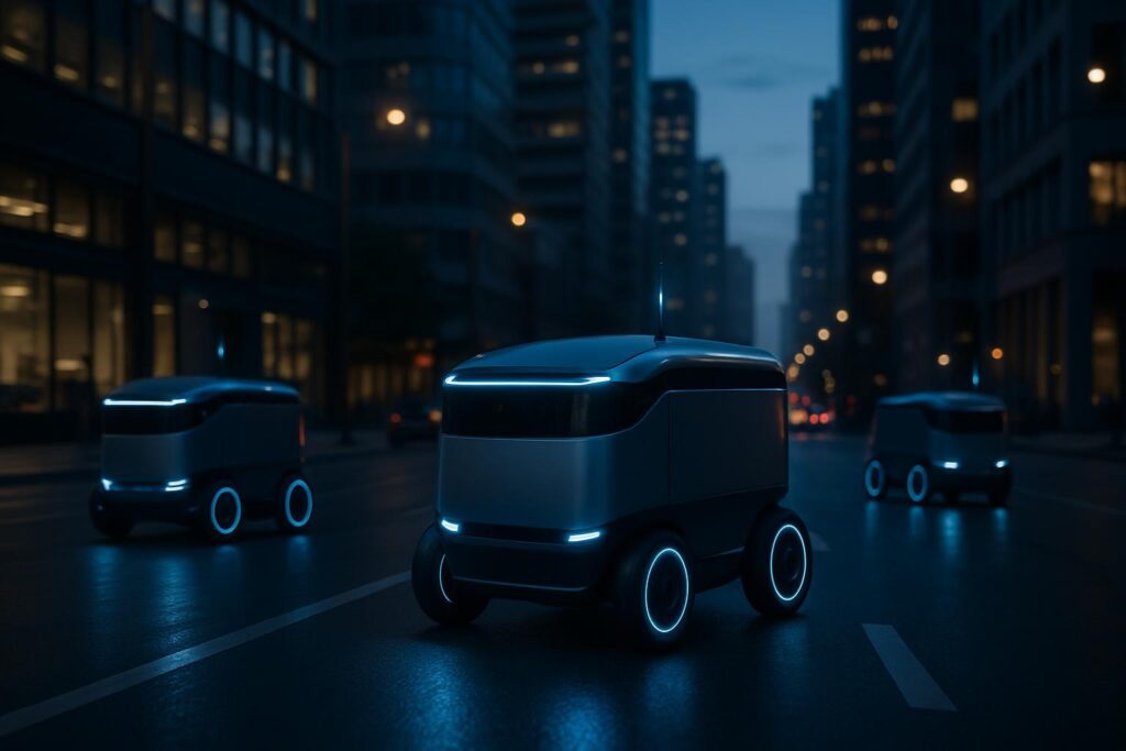 Flota de robots de entrega navegando por ciudad al atardecer con luces azules, mostrando automatización inteligente