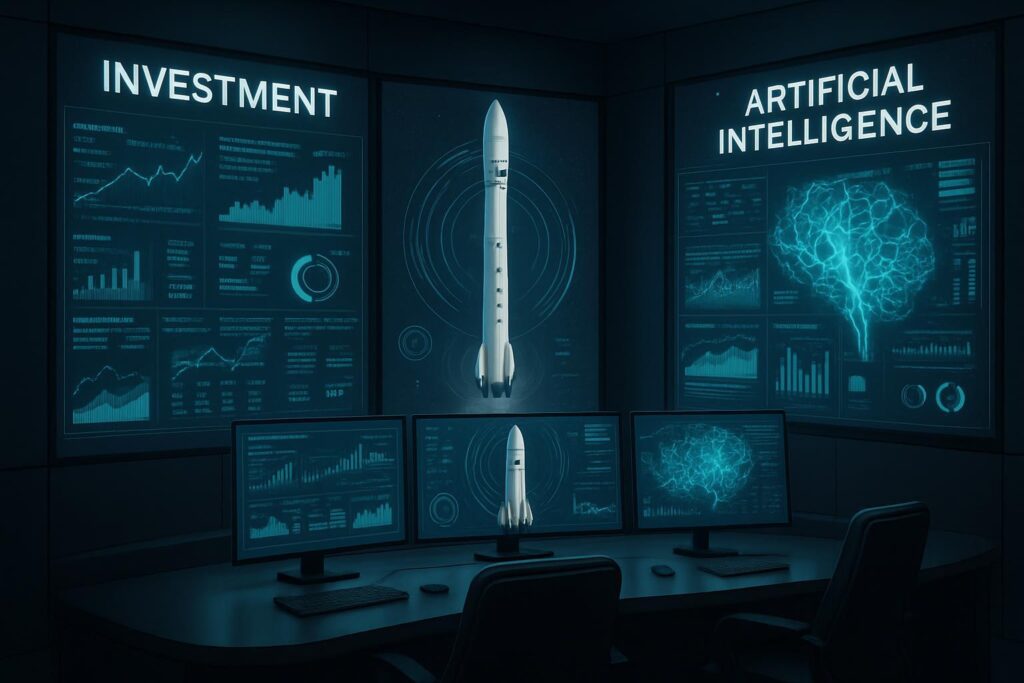 Sala de control moderna con interfaces digitales conectando cohete SpaceX y redes neuronales de IA