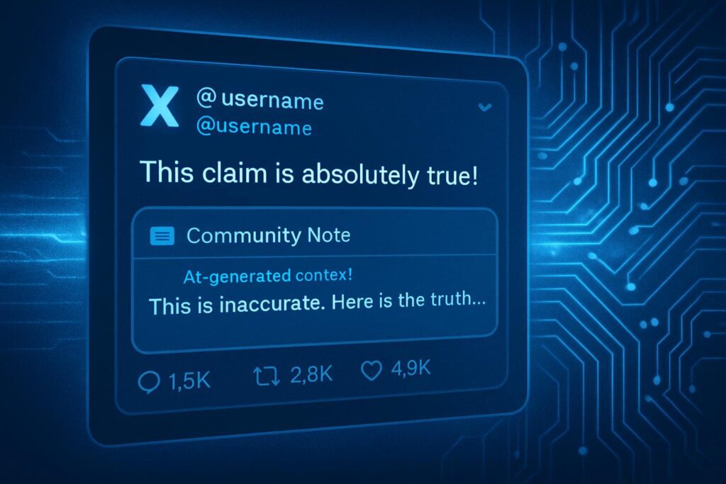 Interfaz de X mostrando publicación con nota comunitaria generada por IA y elementos de verificación automática